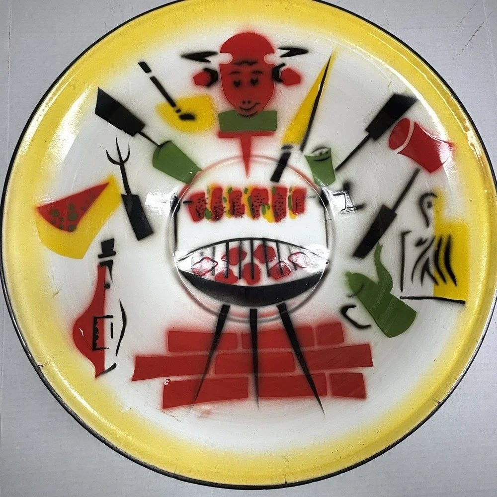 VTG MCM Enamelware Metal Grilling BBQ Serving Tray Bowl‎ Set Retro Atomic Tiki